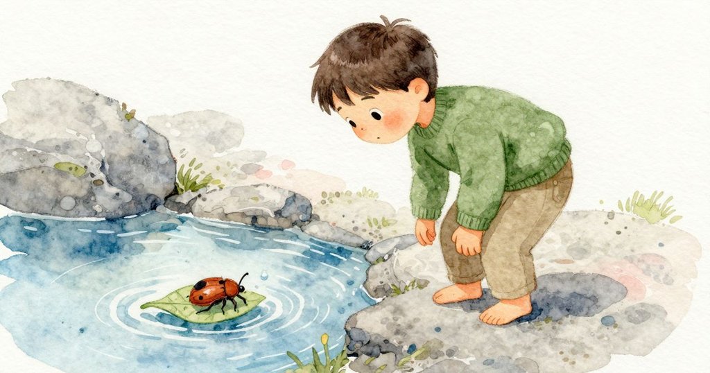 我凝視清冷水面,昆蟲在水上滑行,一滴水在葉尖膨起準備落下,我靜止觀察,情節進入關鍵等待。
