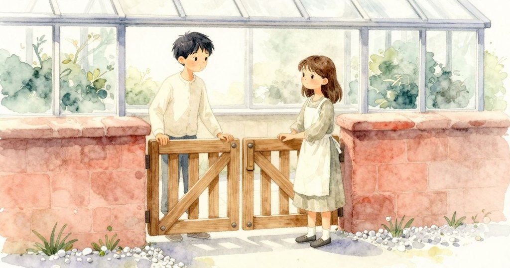 Felix 推開雪松門走入白色碎石場，晨光低斜，Blythe 在耙邊等候，場景開端