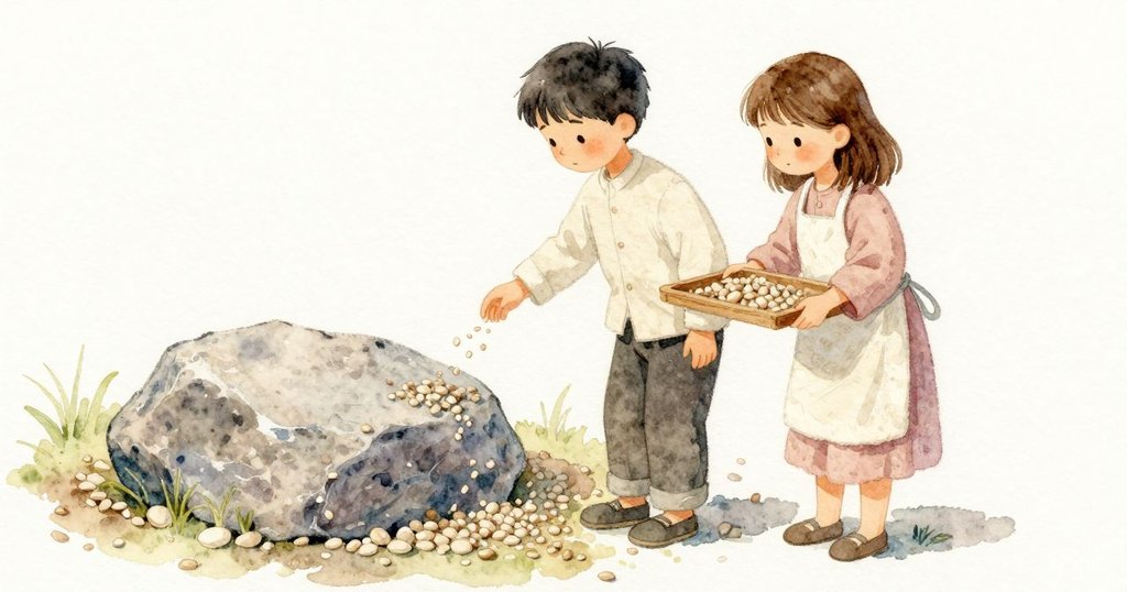 雪松盤傾倒新碎石在大石旁，細砂逐粒落地，場景發展，細節顯現