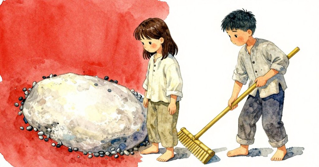 兩人合力抬起邊石,高潮,露出石下淺橢圓痕跡,Seren 與 Greer 驚訝好奇