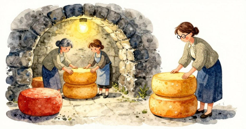 艾拉在石造地窖架間站著，哈蒂放下小凳，兩人專注開始檢查奶酪，場景開端帶著沉穩專注