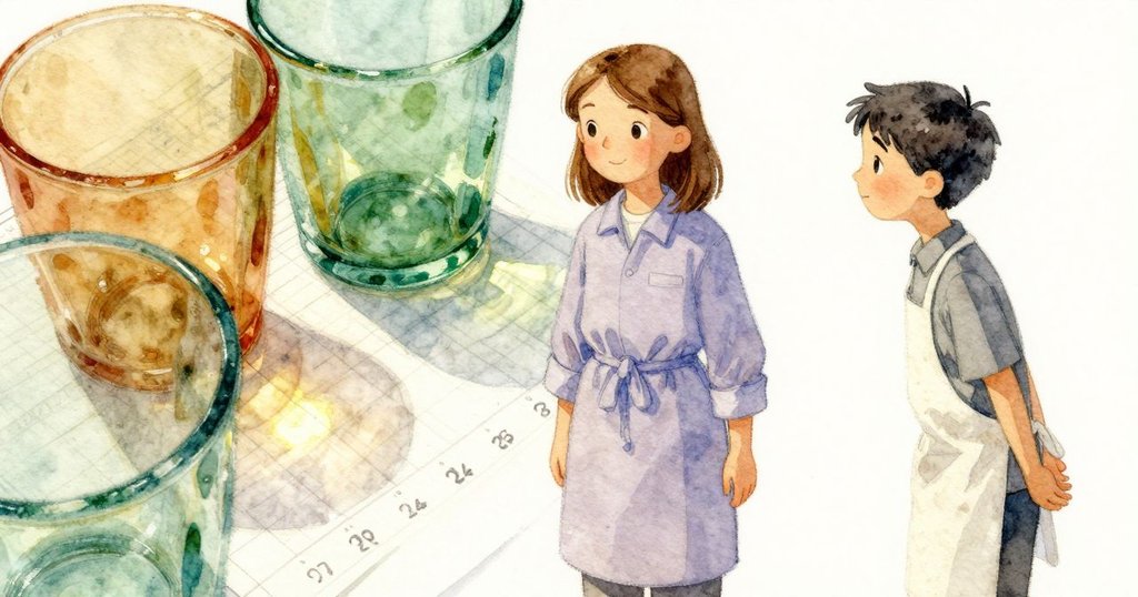 近景：Corinne 和 Hartley 旁觀下，琥珀與翡翠玻璃在描圖紙上重疊出橄欖色補片，鉛筆數字與線條清晰呈現，細節發展。