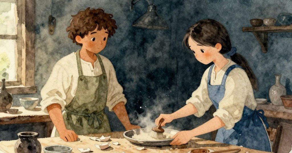 開場:Mae在工作台上刷去盤邊灰塵,Elise靠近抬起碎片,兩人在工作室裡好奇且專注。