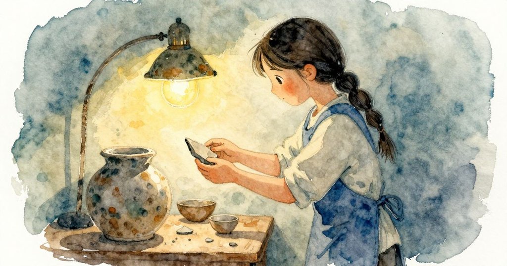 發展:Elise小心將碎片靠在弧形片上,接縫摩擦未合上,Mae在旁屏息觀察,兩人緊張專注。