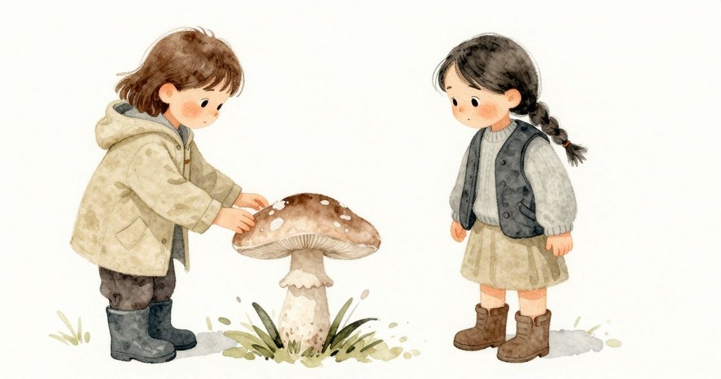 高潮細節：雨水膨脹的野外識別書頁對齊菌傘，傘放在深脈葉上，細粉描出葉脈，呈現識別與確認的瞬間。