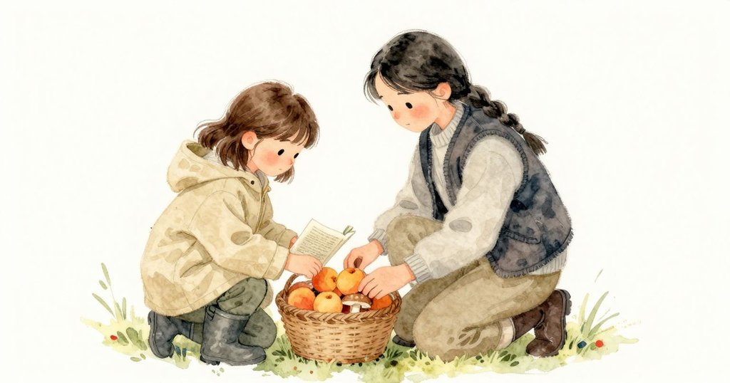 決定階段：Glynis蹲在籃旁撥開田間指南，Sylvie把堅實菌傘放入蕨葉籃中，兩人表情專注且循序選擇。
