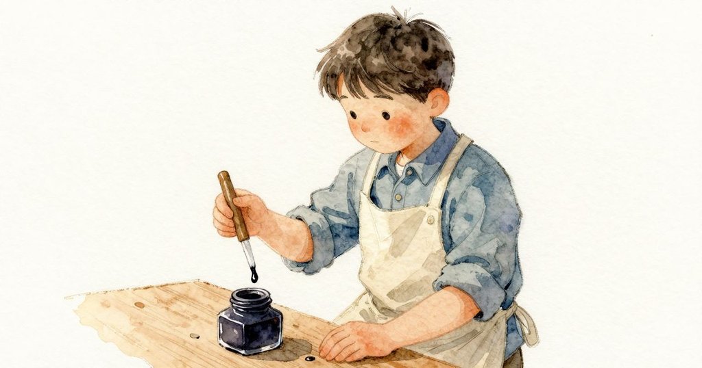 Paul 倒出圓珠入墨池，Paul 操作毛筆變細變粗，Marnie 靠近觀察，故事發展，兩人互動變得更專注