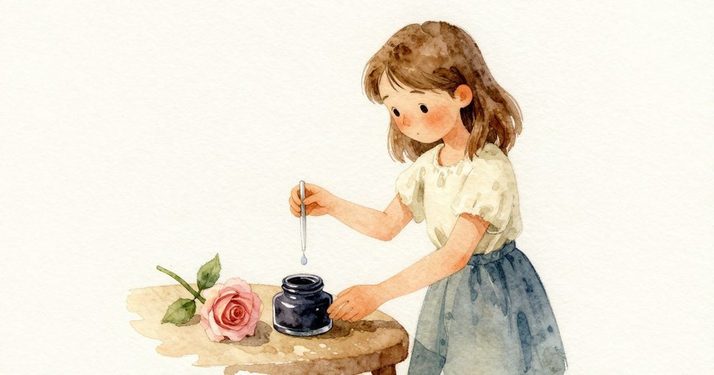 Marnie 走近墨池提起水滴器，模仿澆菜苗的傾斜，圓珠黏在出水口，發展持續，她專注嘗試