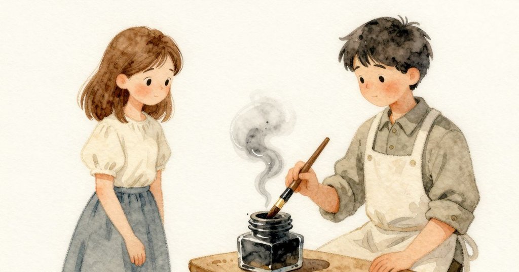 墨池特寫顯示煙灰色墨面和淺灰邊，Marnie 觀察墨色變化，高潮，一顆光點停在筆尖