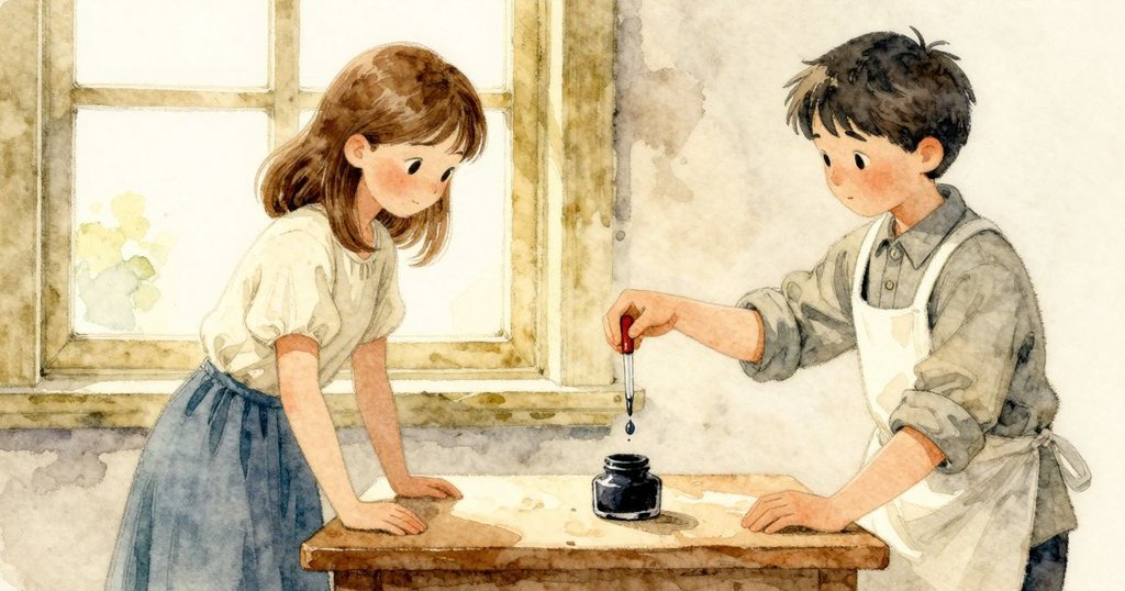 筆感告訴 Marnie 墨水漸少，她微傾水滴器送出一顆清珠入煙灰墨池，結局，兩人默契完成