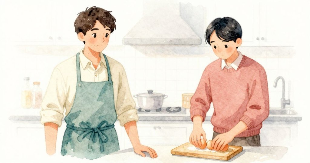 Wyatt手掌按在碗中蛋上,溫柔滾動在砧板上,表情期待與沉思,情節進一步發展。