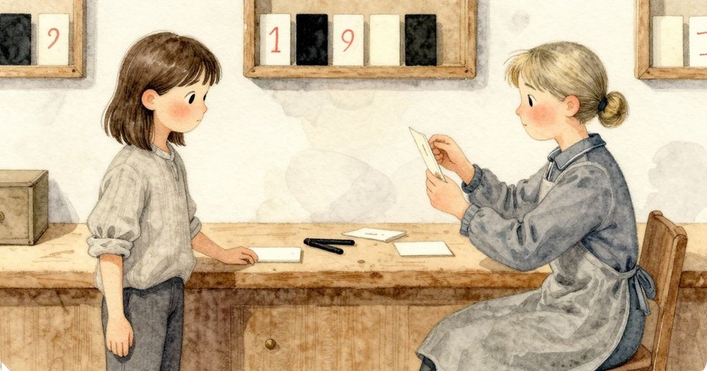 Margot 在織機前檢查讀頭，將穿孔卡片傾斜給 Nessa，兩人專注，工作室內發展情節
