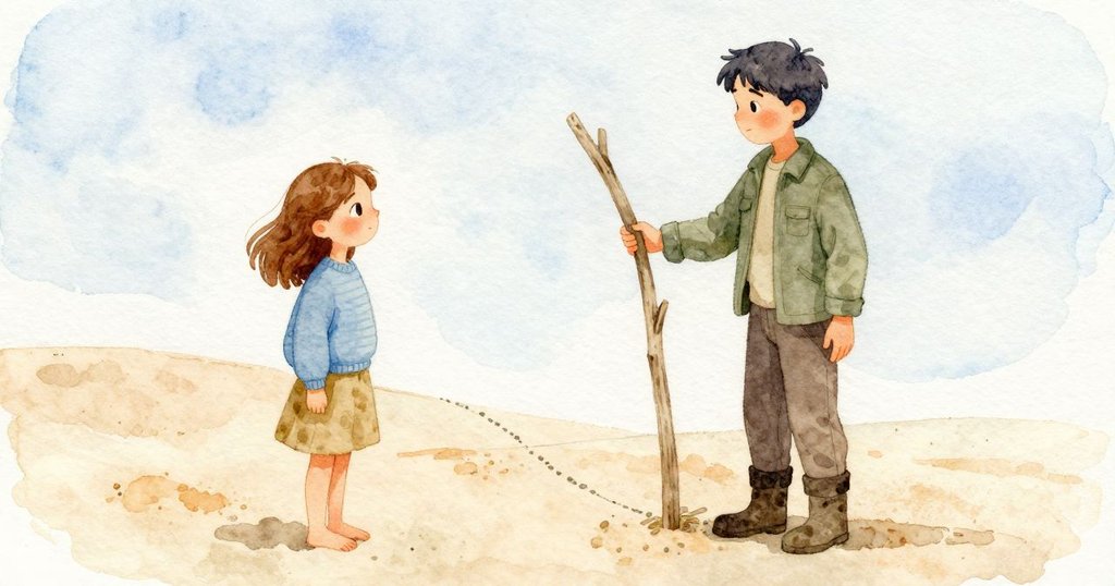 Bea把漂流木細端遞給Amos，他點頭接過不靠近，兩人站在沙中弧線兩側，氣氛是轉折與合作