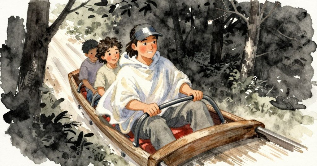 Iris坐在木筏上,膝上摺好地圖,與Kay同乘隧道水道,專注聽泵節奏,神情沉思。