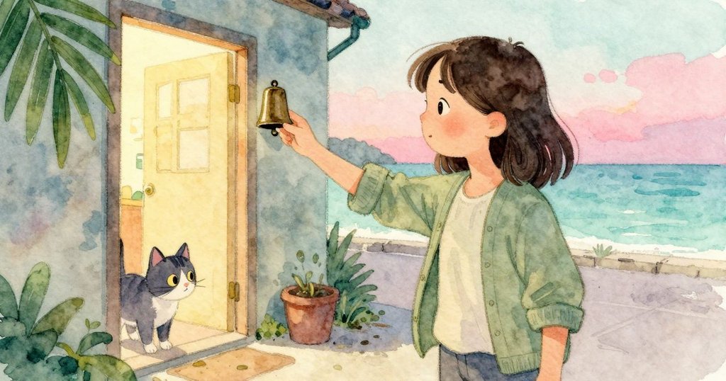 Katia 在書店聽到門鈴後望向門口，店貓低貼前進到光束處，她帶著一絲好奇與注意。