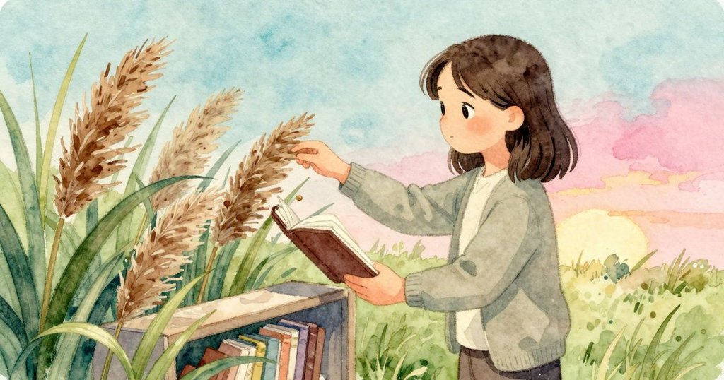 Katia 將芒草放回帳簿調整後把帳簿送回後排，書架光線轉涼，她顯得沉思又謹慎。