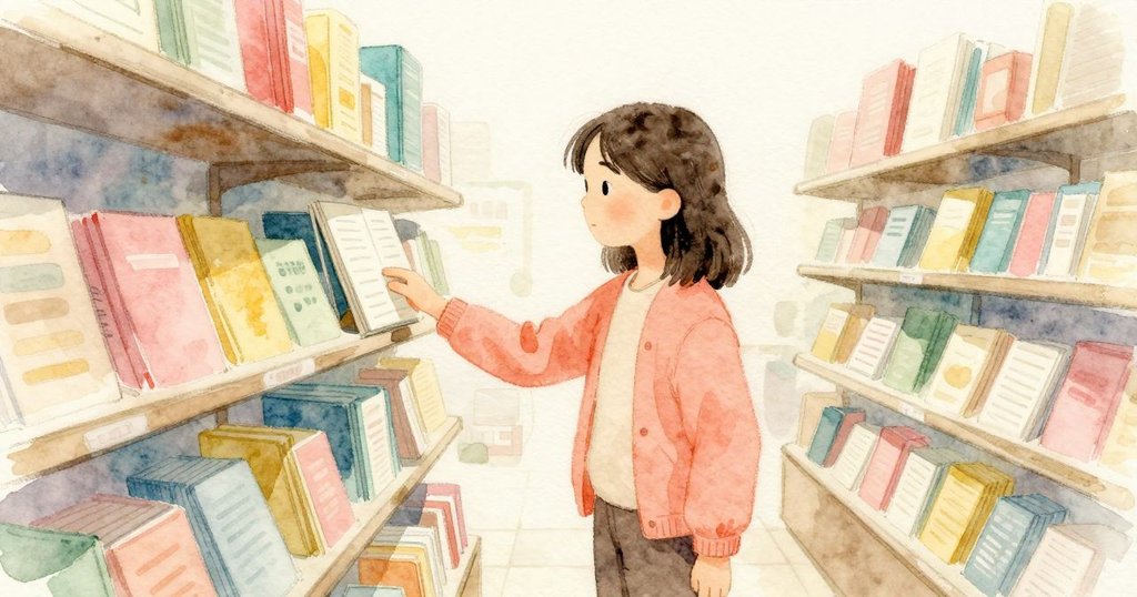 Katia 完成將書滑入書架，布脊變涼，細燈線跨過手背，場景平靜收束，店貓在旁。