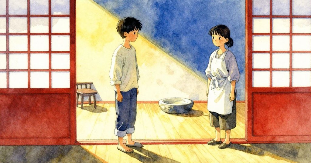 Glen 在工作間靠近石盤查看墨液,Prue 握著和紙堆在旁,陽光斜射,兩人神情安靜專注,場景開端