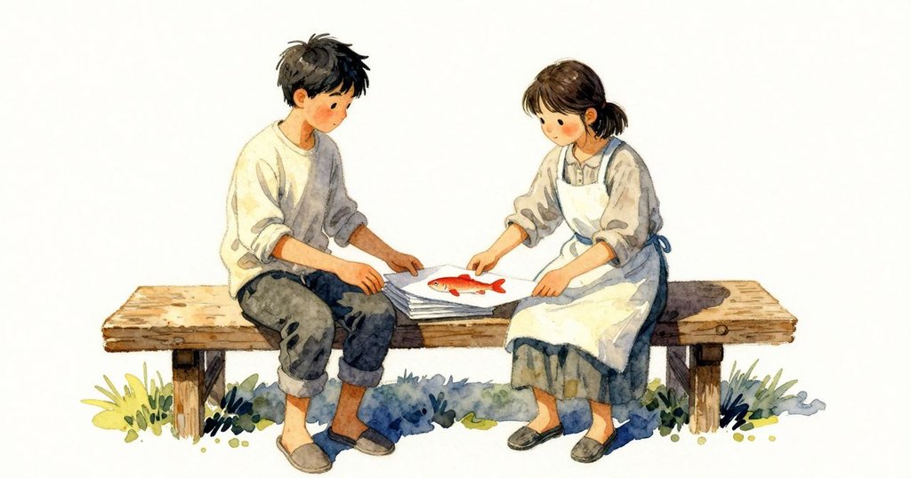 Prue 用手穩住和紙並輕敲,Glen 慎重降下紙張壓在魚上,工作室內兩人互動專注、謹慎