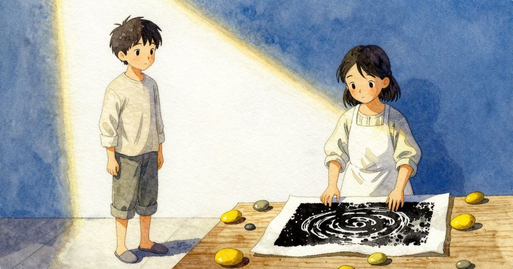 第一張和紙印記放在長椅或架上,石子壓角,黑色鱗紋清晰,作品呈現初步印刷成果,情節發展