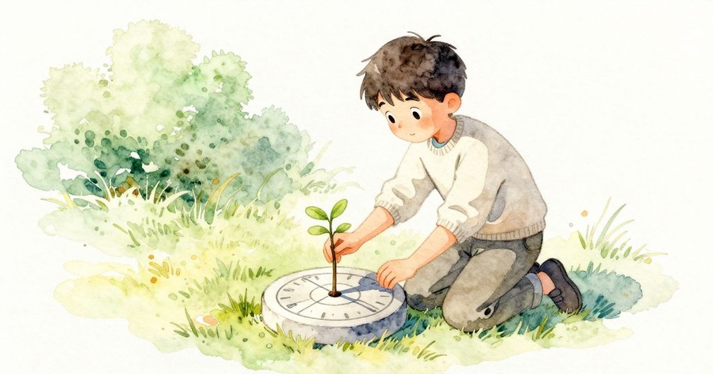 Orion在日晷旁跪下插細樹枝投第二影線,手指沿著磨蝕刻痕比對,專注思考,發展情節。