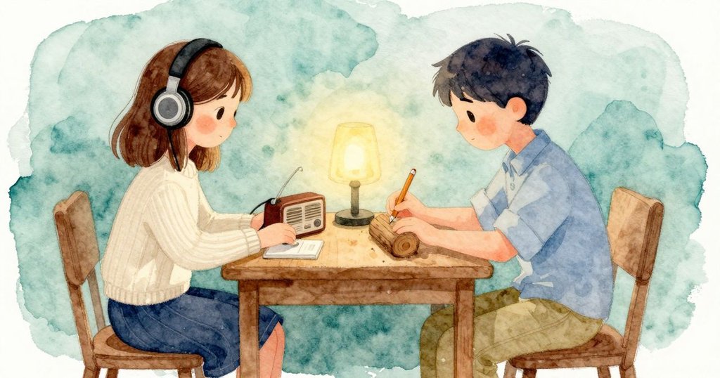 Dinah在書桌前轉收音機的把,Rafe在旁筆停著,房間溫暖安靜,故事從調諧開始