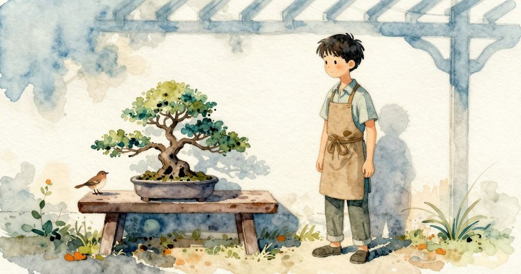 Kieran 站在庭院盆景工作台旁，從陽光步入陰影，看到停在牆上的鵐，表情專注，場景為故事開場。