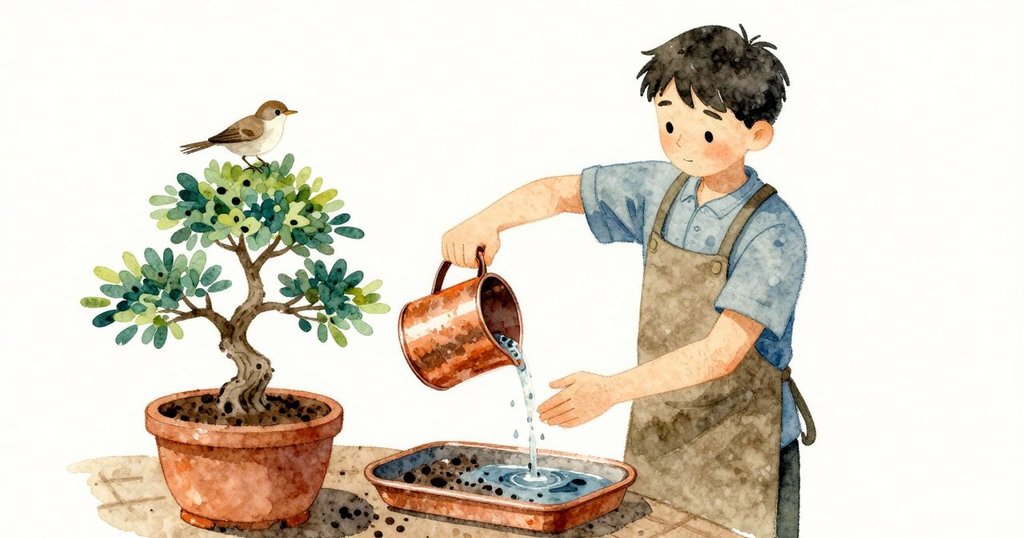 Kieran 用銅澆水壺穩定澆灌，水流滲入盆土並匯入托盤，鵐傾身注視，場景為高潮的因果瞬間。