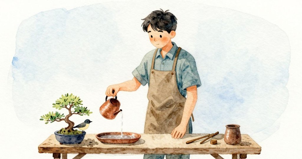 Kieran 將剪刀放下並鬆開軟線圈，穩定水流注入托盤，鵐在旁等待，場景呈現故事的平靜結束。