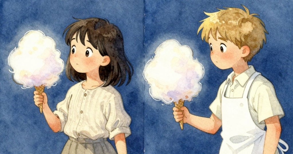 Oona 靠近旋轉桶,甜筒上第一朵棉花糖成形,細絲一圈圈聚成雲,場景從開始進展到製作中