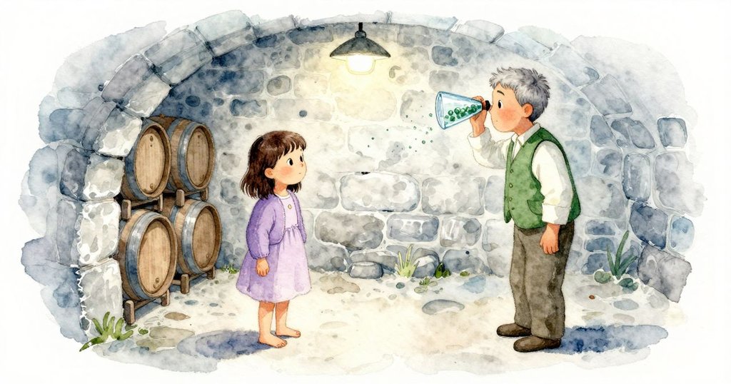 June 仰身靠近S形玻璃看氣泡上升,Tobin 兩指扶桶,石造酒窖內好奇與專注,故事開端的懸念