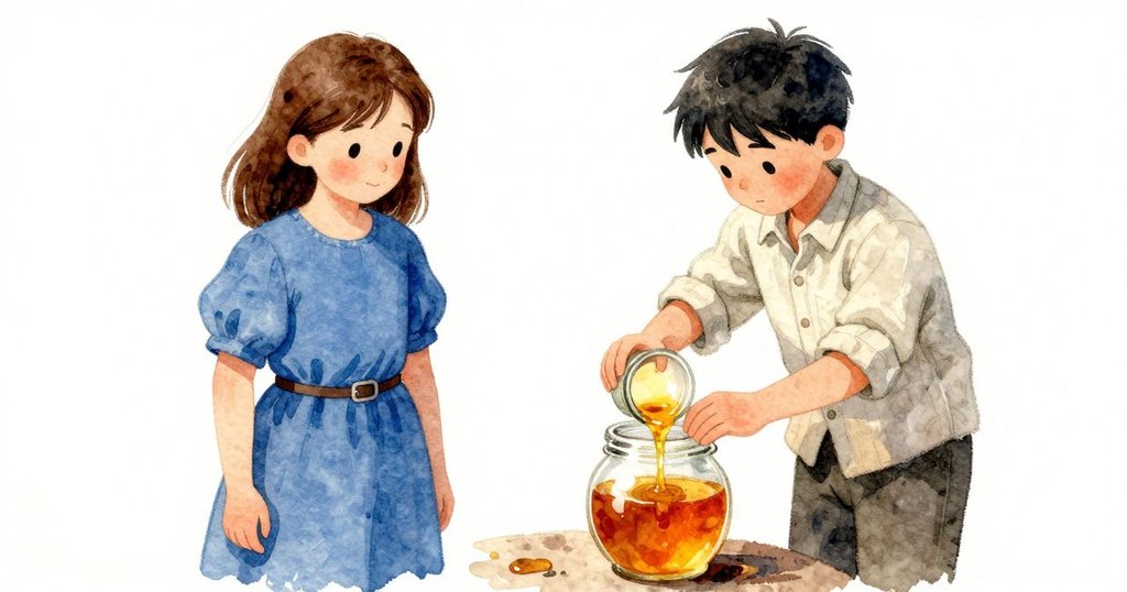 Maren 微微 傾斜 罐口 守候 蜂蜜 流,室內 桌邊,表情 集中 緊張,Orion 在旁 觀望