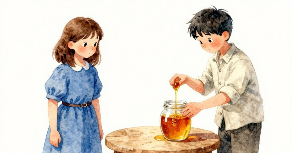 Maren 放鬆 手腕 使 蜂蜜 線 平穩 落入 罐中,室內 桌邊,表情 放鬆 安心,故事 結尾