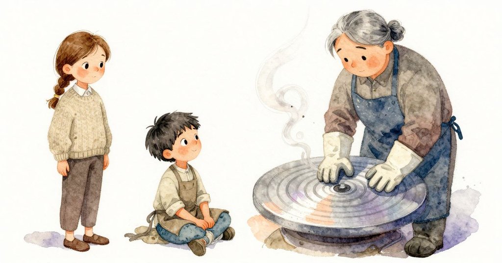 marver 上 出現 兩 個 濕圈, 蒸汽 卷起, Elise 身體 前傾 使 圈 對齊, 驚喜 專注。