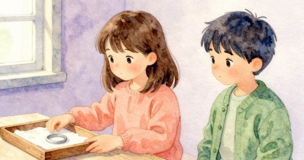 Greta 與 Adele 在桌邊,近景顯示陳舊木盤與布上淺淡橢圓痕跡,發展階段,氣氛靜謐。