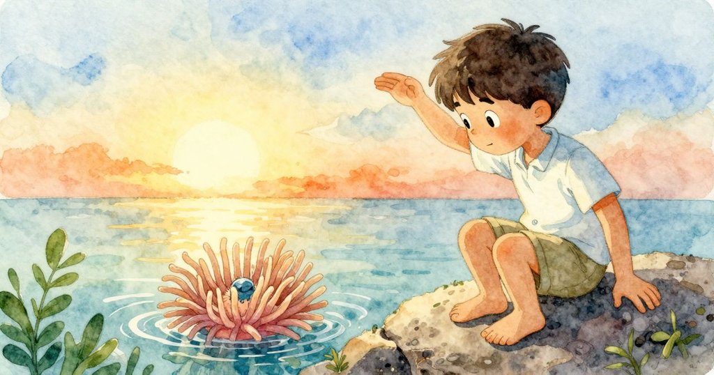 Larkin以掌遮光等海葵舒展,海葵展開後他把掌放在乾岩上,潮水回退,顯得平和滿足。
