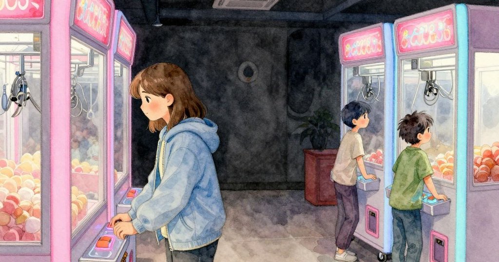 Merritt靠在抓娃娃機玻璃上,Vernon站在旁邊,開場在遊戲廳裡她們期待且專注