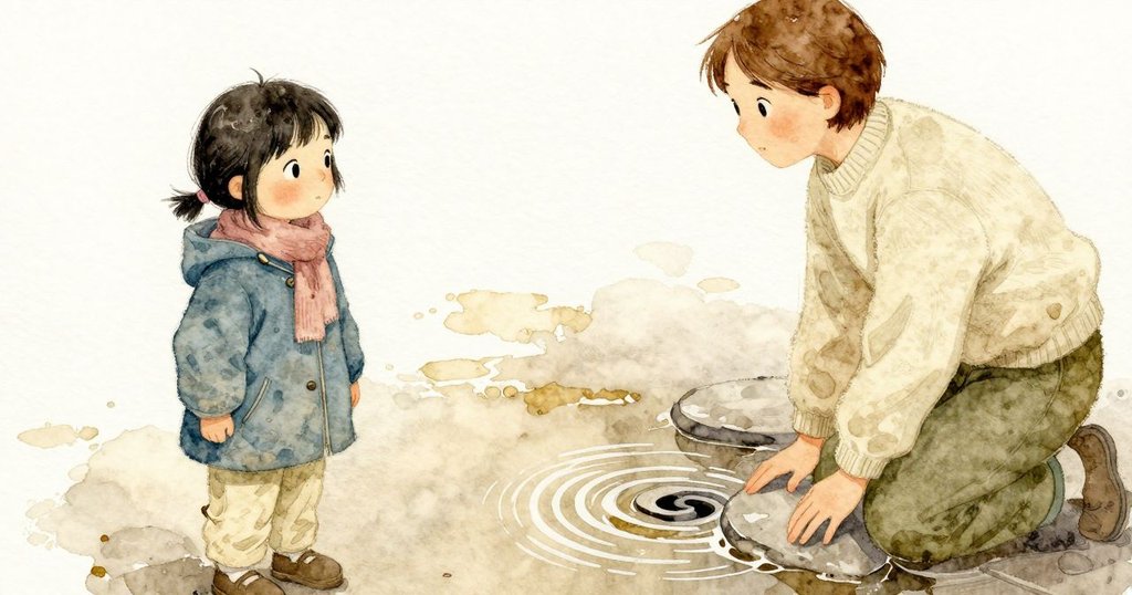 Nina丟石頭入水，石子在水面留下圈圈漣漪向排水口擴散，場景在庭院，情緒為專注與期待。