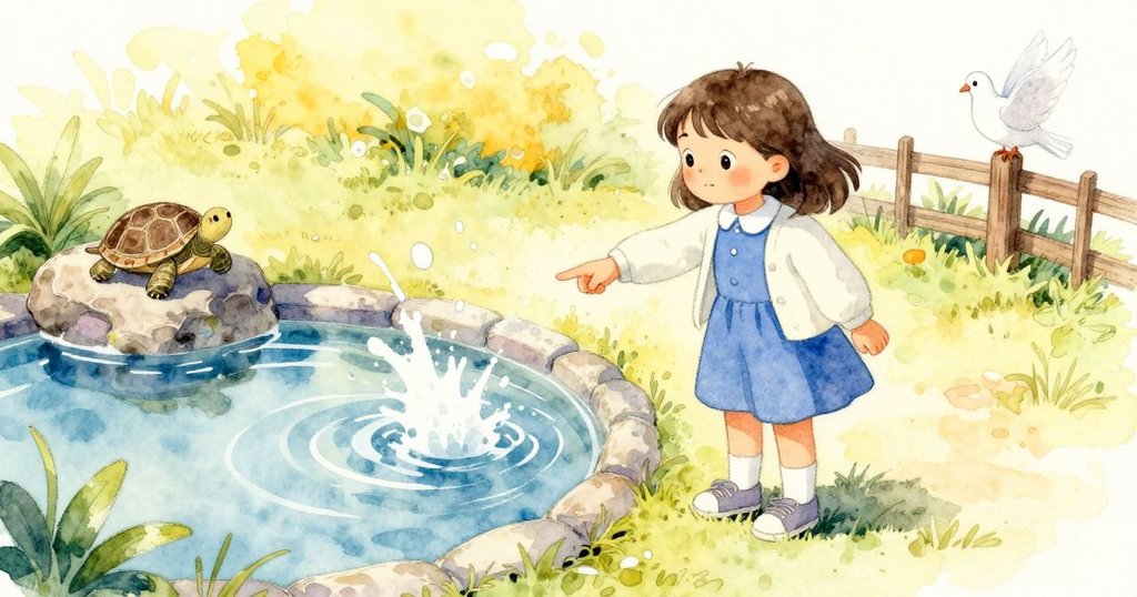 Zadie 指向小花園池塘，驚訝地看著水花，烏龜停在岩石上，鴿子落在籬笆，開端展現好奇與疑問。
