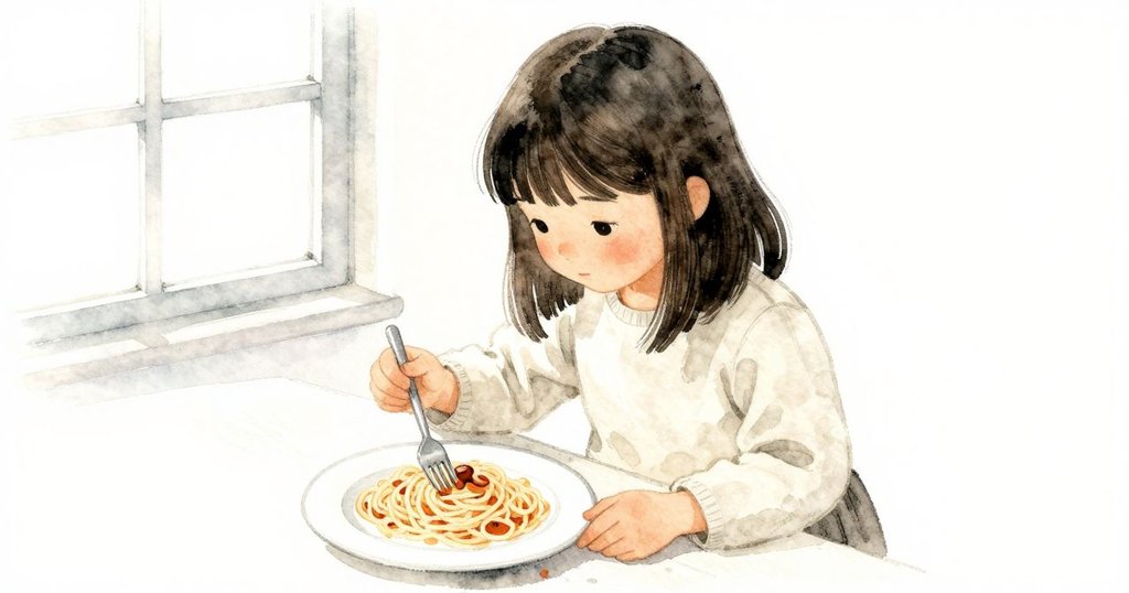 Ella 低頭把叉子插入蘑菇邊緣，坐姿穩定且專注，廚房桌上她探索食物細節，發展中。