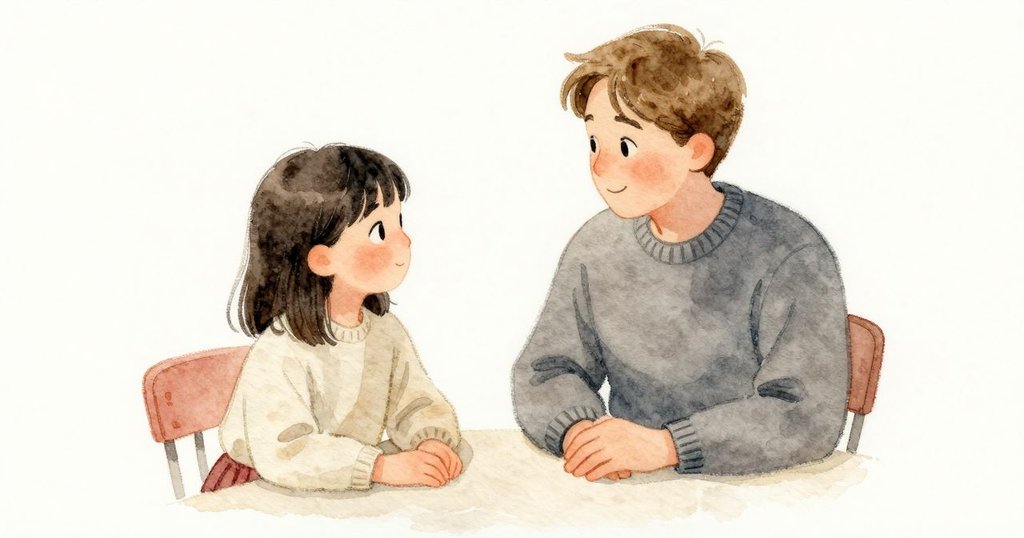 Ella 和大人再次靠近餐桌共享目光，她拿著叉子夾麵，兩人平靜滿足，故事結尾。