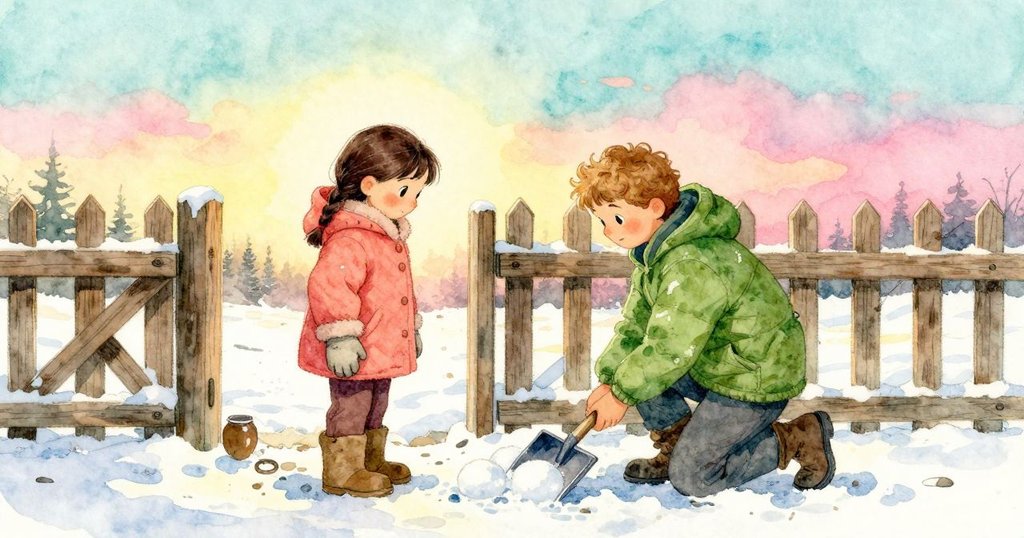 開始：Esme 在杉木柵欄旁跪著壓雪球，June 在車道鏟雪，兩人專注，庭院場景開始建立。