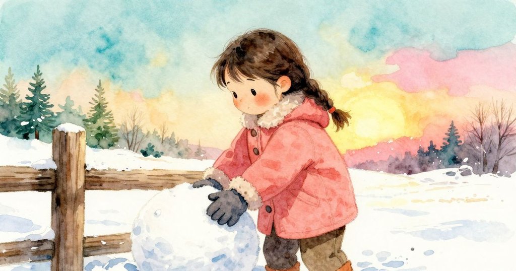 發展：Esme 坐在木板前用毛絨手套壓雪球，手套潮濕，表情專注耐心，雪粉從縫隙飄落。