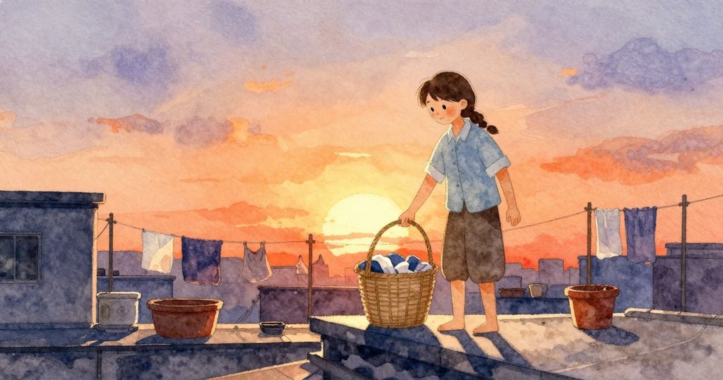 Clara 推門 登上 屋頂，Ulysses 放下 濕衣籃，屋頂 場景 開端，兩人 小心 好奇 觀察 光線