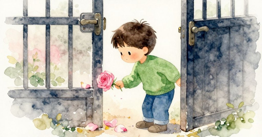 玫瑰花瓣滑入門縫停在潮濕邊緣，Ronan再次探頭看，後院場景他帶著期待與好奇