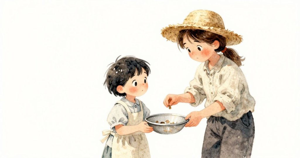 Petra靠近在篩子邊檢視漂浮薄片,Prue在旁扶著篩子,兩人疑惑且好奇,發現像窗的亮邊。