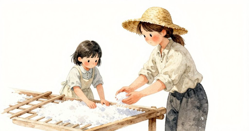 Prue在晾架上攤平鹽,Petra比對並舉高較重顆粒,鹽工遠處守望,洗鹽工作圓滿結束且平靜收尾。