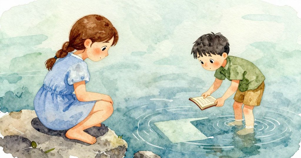 Kieran把書降低在池上投出矩形陰影，水面從淺綠到煙藍，寄居蟹停步，Flora肩膀緊繃小心觀察。