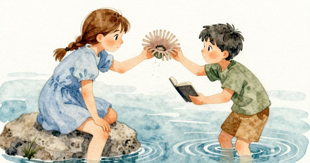Flora把書抬高測試遮光，手貼岩石，anemone邊緣原本張開，輕觸後緩慢收攏，兩人表情期待。