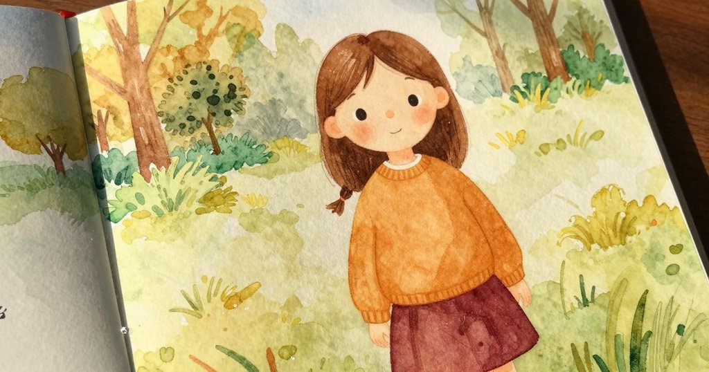 格溫在床邊看向翻開的書頁，書頁畫著綠色公園與奔跑的女孩和小狗，她好奇地注意畫面，探索開始。